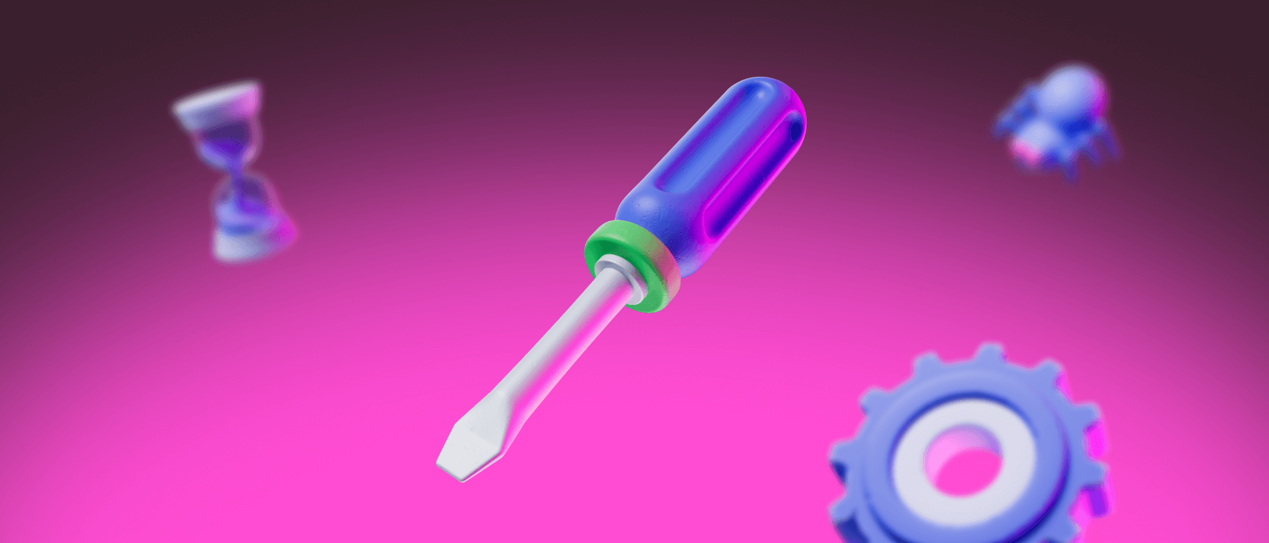 Illustration of an hourglass, screw driver, gear, and spider.